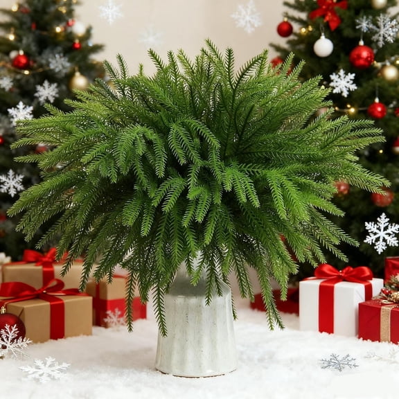 12 PCS Christmas Norfolk Pine Branches, 17 Inch Real Touch Artificial Norfolk Pine Stems,Fake Greenery Branches Picks for Vase DIY Garland Wreath Xmas Indoor Home Decoration