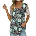 thumbnail image 2 of up to 60% off Gifts Usmixi Shirts for Women Vintage Lace Patchwork Pleated Hem Going out Tunic Tee Tops Summer Trendy Floral Print Short Sleeve Square Neck Ladies Blouses Black XL, 2 of 5