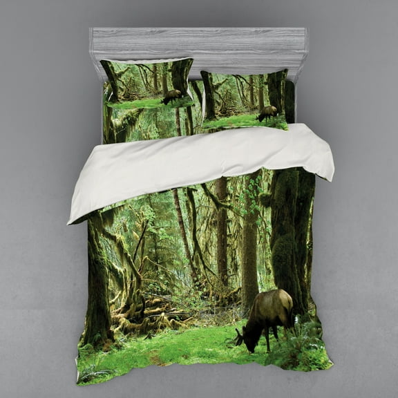 Ambesonne Forest Bedding Set 4 Pcs, Roosevelt Elk in Park, Queen, Green Brown