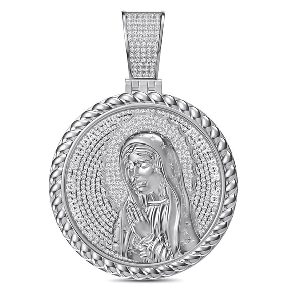 Real Genuine 2.50 Cwt. Moissanite Diamond 33 Grams Our Lady of Guadalupe Mother of Jesus Virgin Mary 10K White Gold Over Religious Pendant Charm
