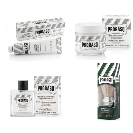 Proraso Sensitive Skin Set: Pre-shave Cream 3.6oz + Shave Cream 5.2oz+Aftershave Balm 3.4oz+ Brush + Beard Shaping