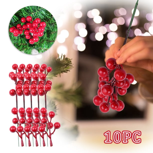 Fiudx Ramas de Bayas Navideñas, Decoración Artificial de Frutos Rojos, Material de Espuma, Alambre Metálico Flexible, Adorno Festivo para Árbol, Versátil para Ramos, Decoración Navideña, Juego de 10