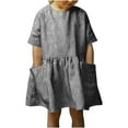 thumbnail image 2 of MKOSPLRT Striped Dresses for Girl Toddler Short Sleeve Crew Neck Linen Dresses Loose Fit Mini Dresses Lightweight Casual Dress with Pocket, 2 of 7
