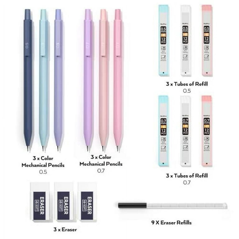 Nicpro 6Pcs Art Mechanical Pencils Set, 3 Pcs Metal Drafting Pencil 0.5mm &  0.7mm & 0.9mm and 3 Pcs 2mm Graphite Lead Holder (2B HB 2H) with 12 Tubes  Lead Refills 