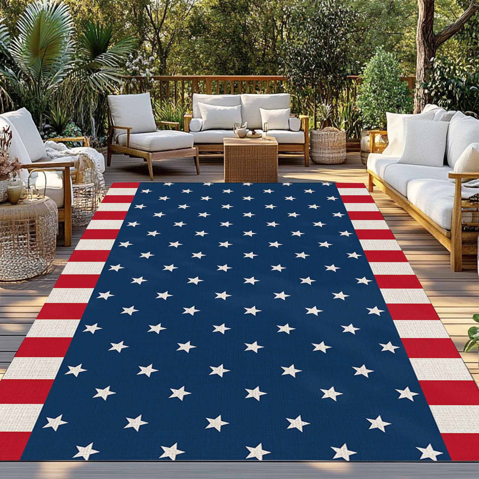 4' x 6' Outdoor Rug, Independence Day American Flag Outdoor Washable Rug Large Floor Carpet, White Star Red Stripes Non Shedding Area Rug for Outside Patio RV Porch Deck Balcony Camping Living Room