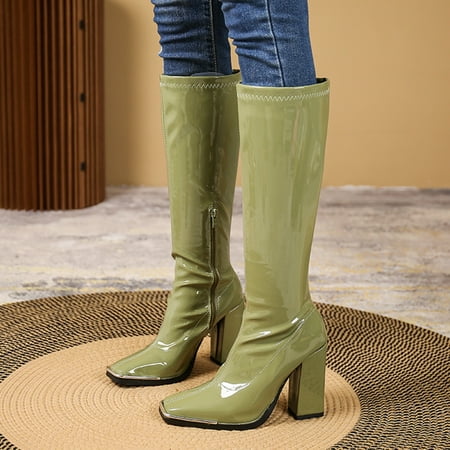 

ZMHEGW Women Boots Square Toe Solid Color Bright Leather Candy Color Square High Heel Retro Zipper Mid Shoes