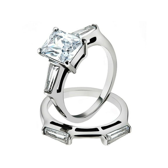 4.45 Ct Emerald Cut Zirconia Stainless Steel Engagement Wedding Ring Set Size 7