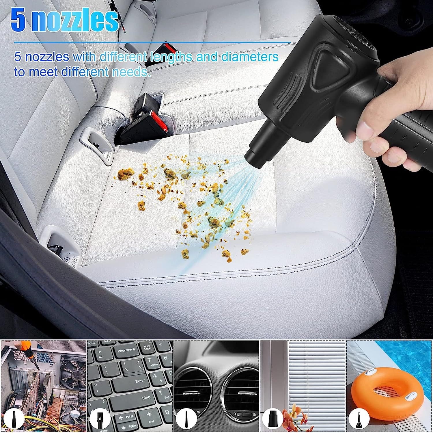 High Power Cordless Car Vacuum Cleaner & Air Duster | Portable Handheld USB Rechargeable | 91000RPM Blower | Multi-Use for Auto, Home, Office | 5 Nozzles, Brush | 16x10x6.5cm | 1 Pack