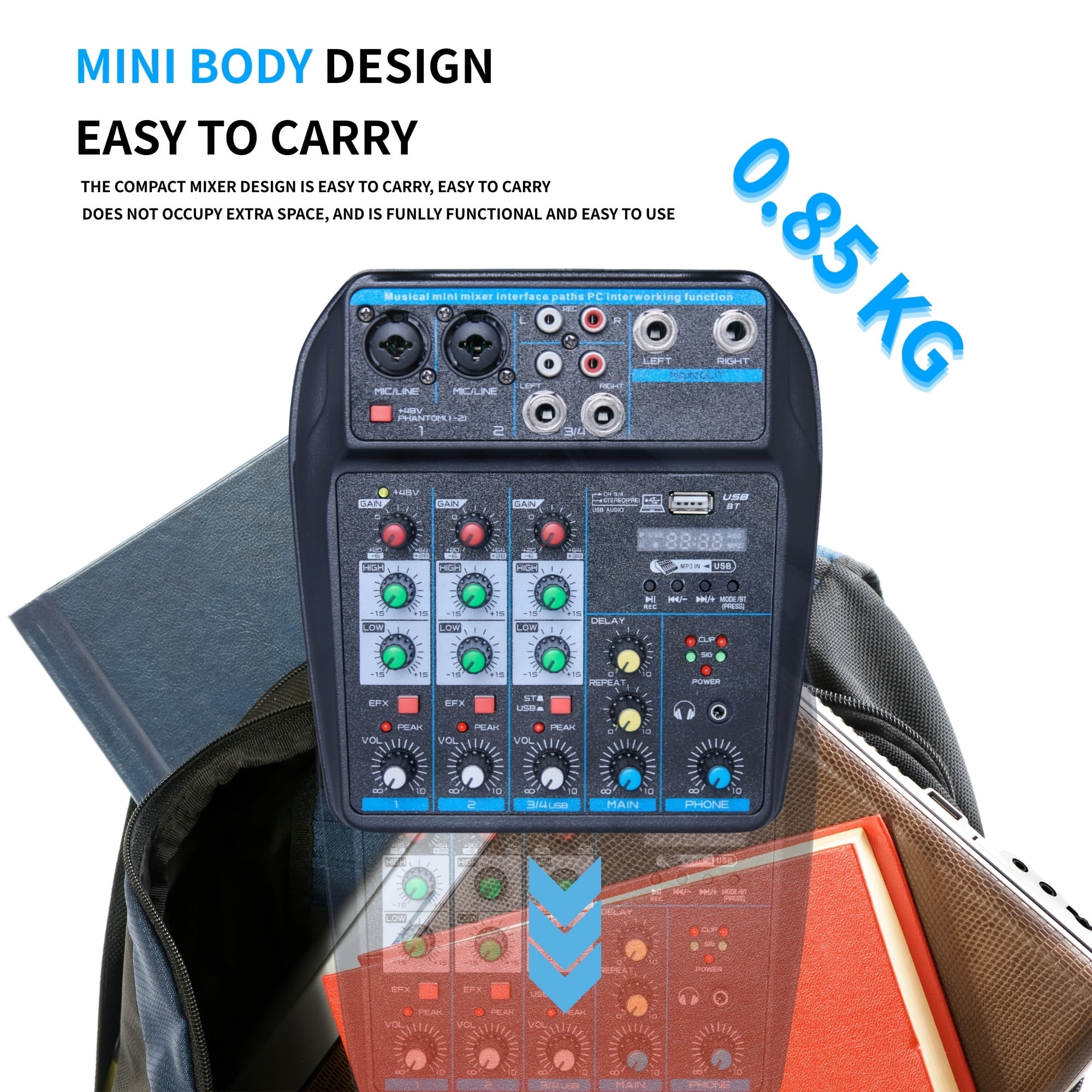 Professional 4 Channel Mini DJ Audio Mixer, Portable Channel Mixer with Multiple Interfaces, Compatible with Pcs, Suitable for Recording, Live Streaming, Easter Parties