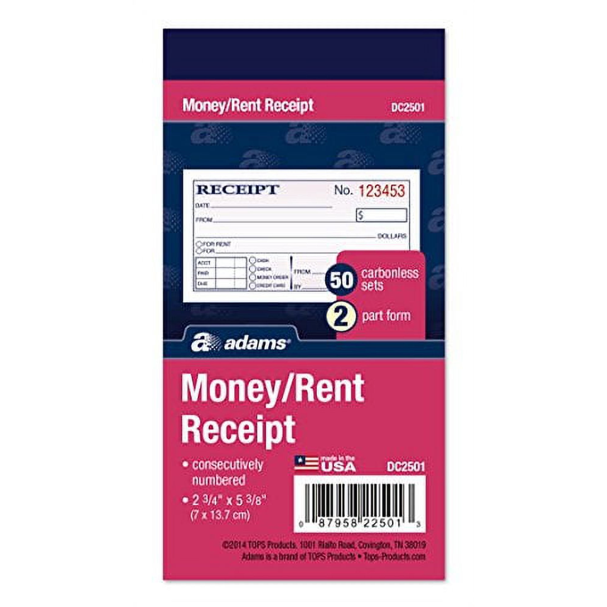 Adams Money and Rent Receipt, 2-3/4 x 5-3/8 Inches, 2-Parts, Carbonless, White/Canary, 50 Sets per Book, 3 Books (DC2501-3)