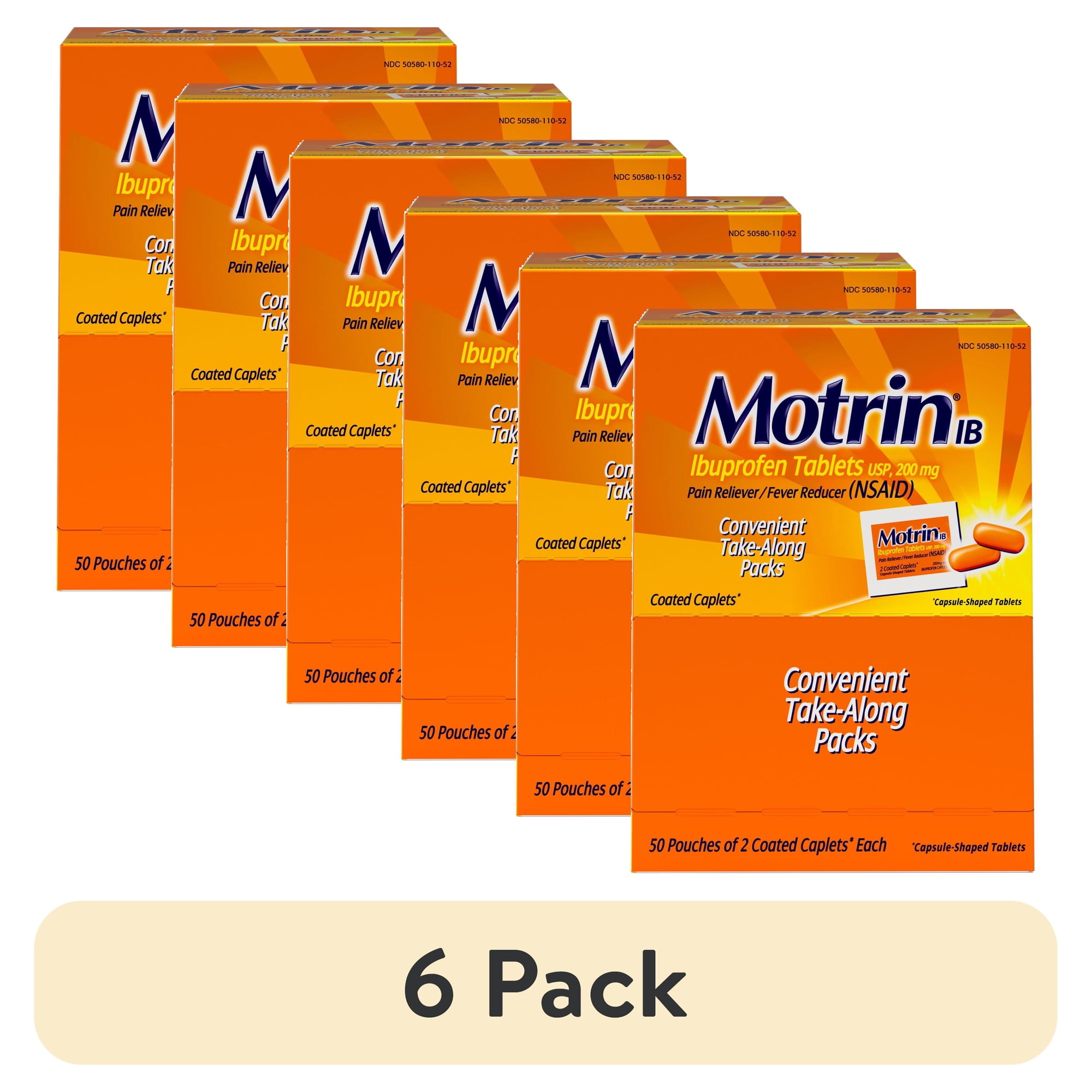 (6 pack) Motrin IB, Fast-Acting Ibuprofen 200mg for Pain & Fever, 50 Packs of 2
