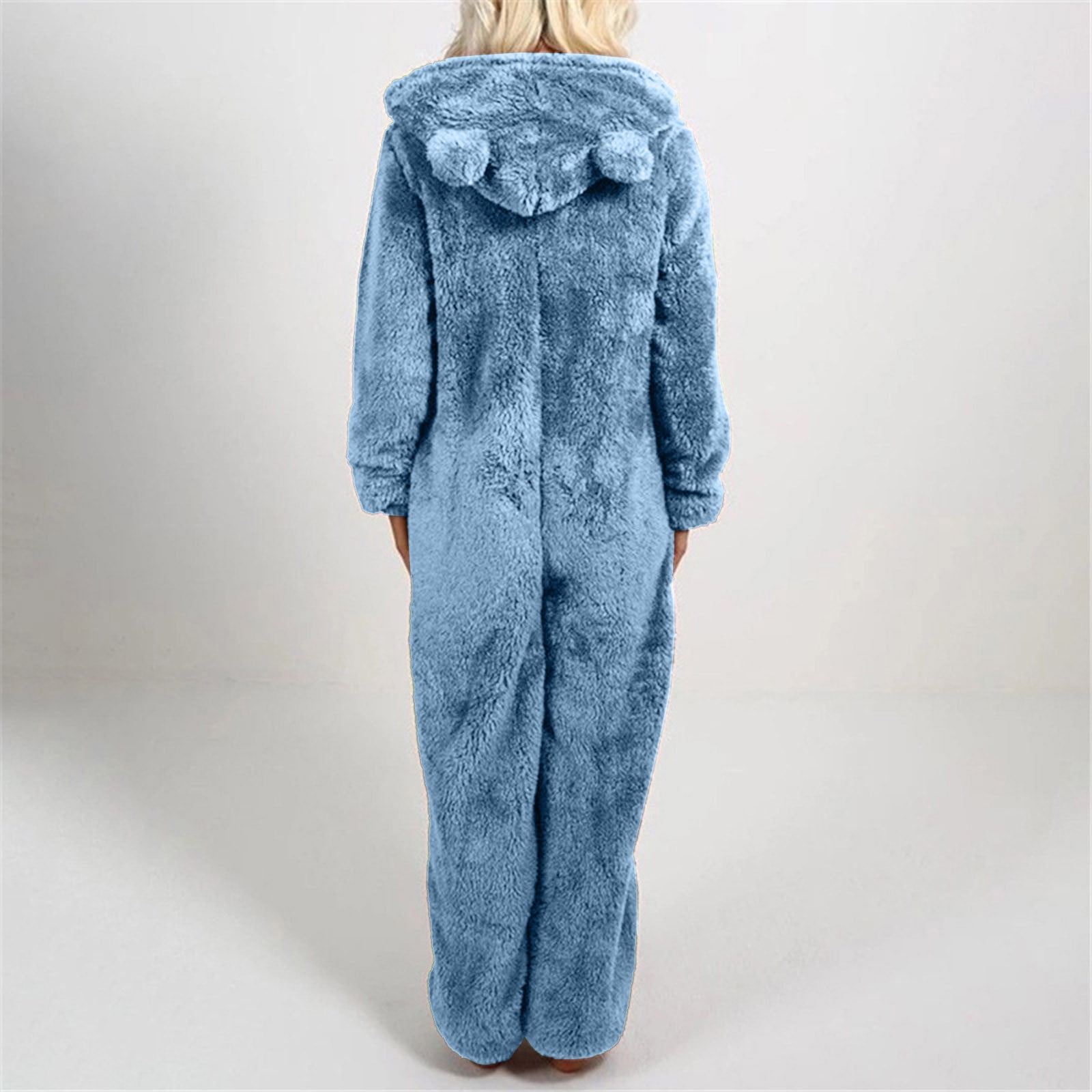 Lovskoo Womens Fluffy Hooded Jumpsuit Fuzzy Pajamas Long Sleeve Cute Ear One Piece Onesie Winter Warm Rompers Sleepwear Sky Blue