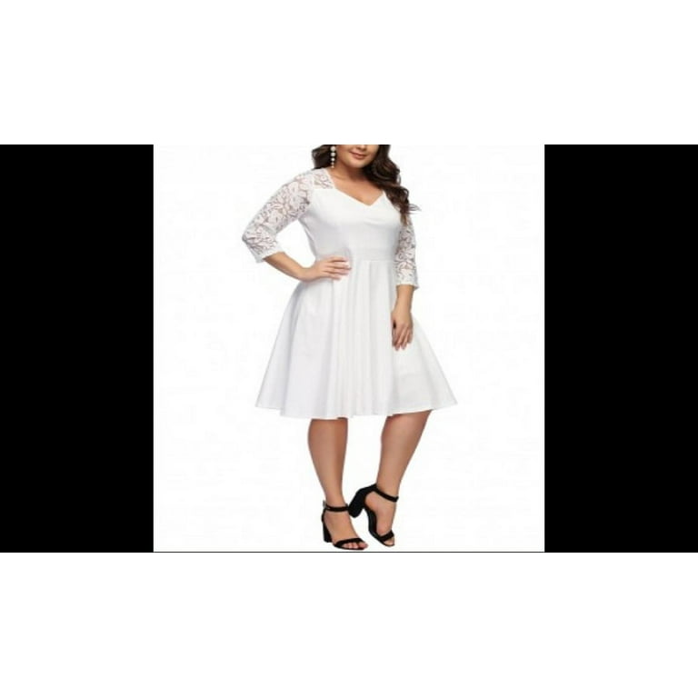 Plus Size V-Neck Back Zip Lace 3/4 Sleeve Midi Skater Dress - Walmart.com