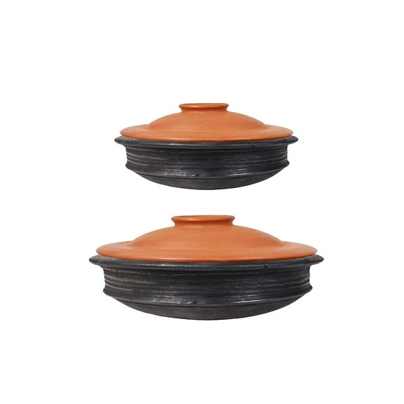 Deep Burned Terracotta Pottery Earthen Kadai Or Clay Pots Combo For Cooking - Black, 2 3 Liters