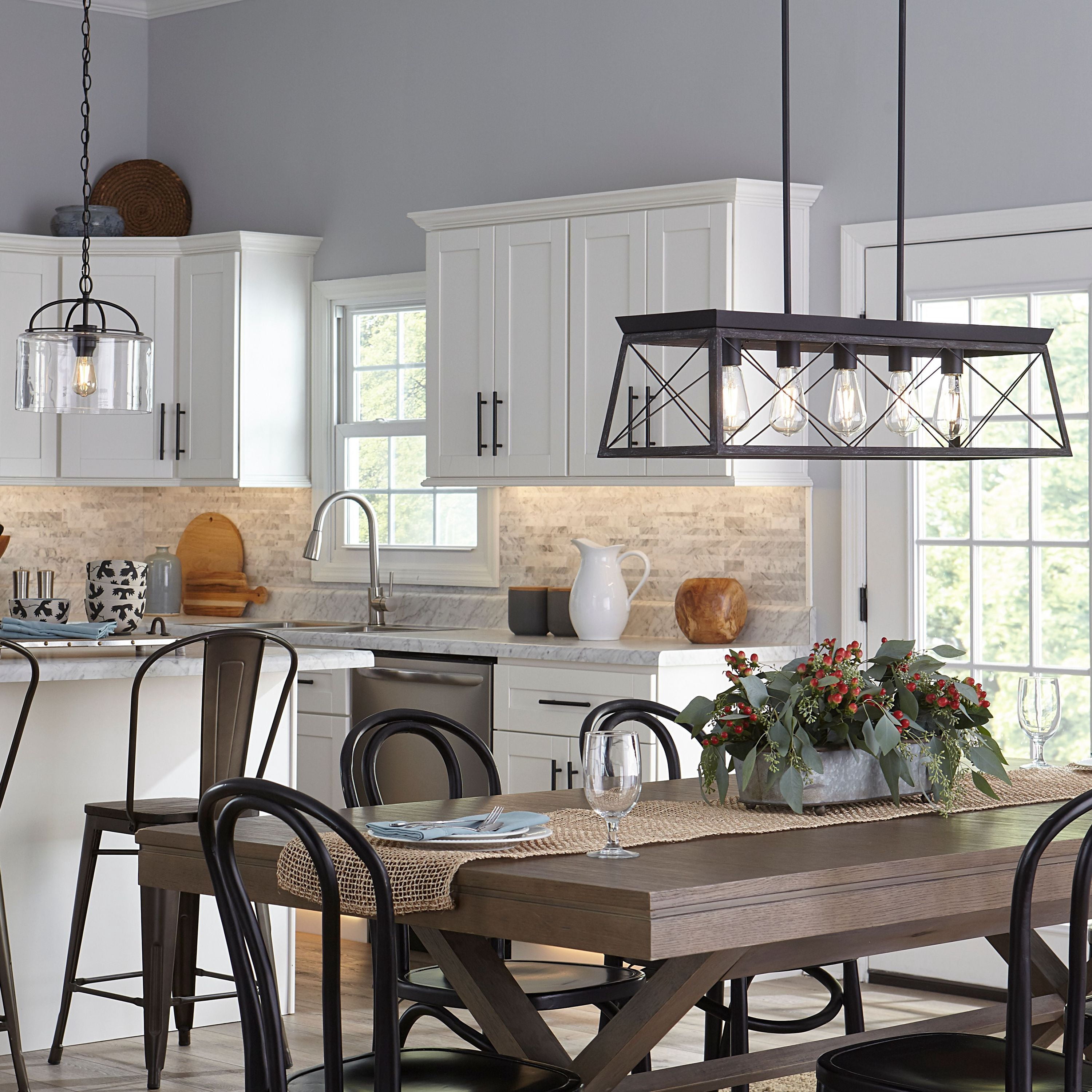 Briarwood Collection Five-Light Textured and Cerused Black Farmhouse Style Linear Island Chandelier Light