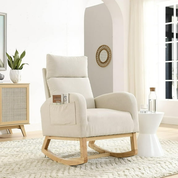 Nursery Rocking Glider Chair, Modern Fabric Tall Back Accent Rocker Chair Upholstered Arm Chair w/Side Pockets, Modern Leisure Single Sofa for Living Room, Hotel, Bedroom, Office, Grey