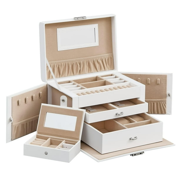 Caja Joyero de 3 Niveles, con 2 Cajones, con Mini Caja Portátil para Viajar, con Asa, Cerradura, Regalo Ideal, Blanco MJBC121W