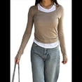 thumbnail image 3 of Camisetas de Larga con Cuello Redondo para Mujer, Informales, de Dos Piezas, Ajustadas, de Punto Acanalado, para Verano y Otoño. Caqui M, 3 of 7