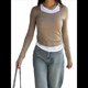 thumbnail image 3 of Camisetas de Larga con Cuello Redondo para Mujer, Informales, de Dos Piezas, Ajustadas, de Punto Acanalado, para Verano y Otoño. Caqui L, 3 of 7