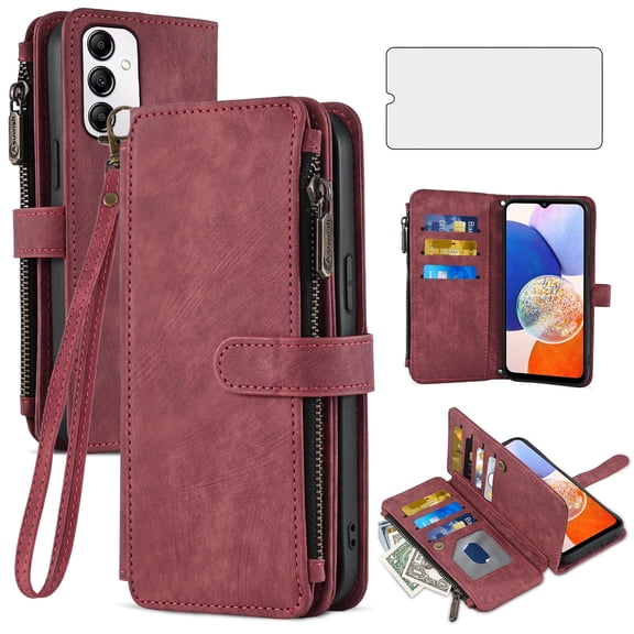 Asuwish Kickstand Hard Shell Wallet Cell Phone Case with Tempered Glass Screen Protector for Samsung Galaxy A14/M14 5G, Red