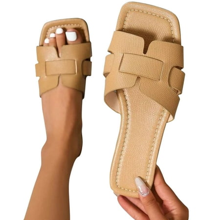 

Nrmvnmi Women s Slippers Summer Open Toe Square Toe Casual Flat Sandals Solid Color Non Slip Shoes Outdoor Versatile Slippers Khaki Mothers Day Gifts