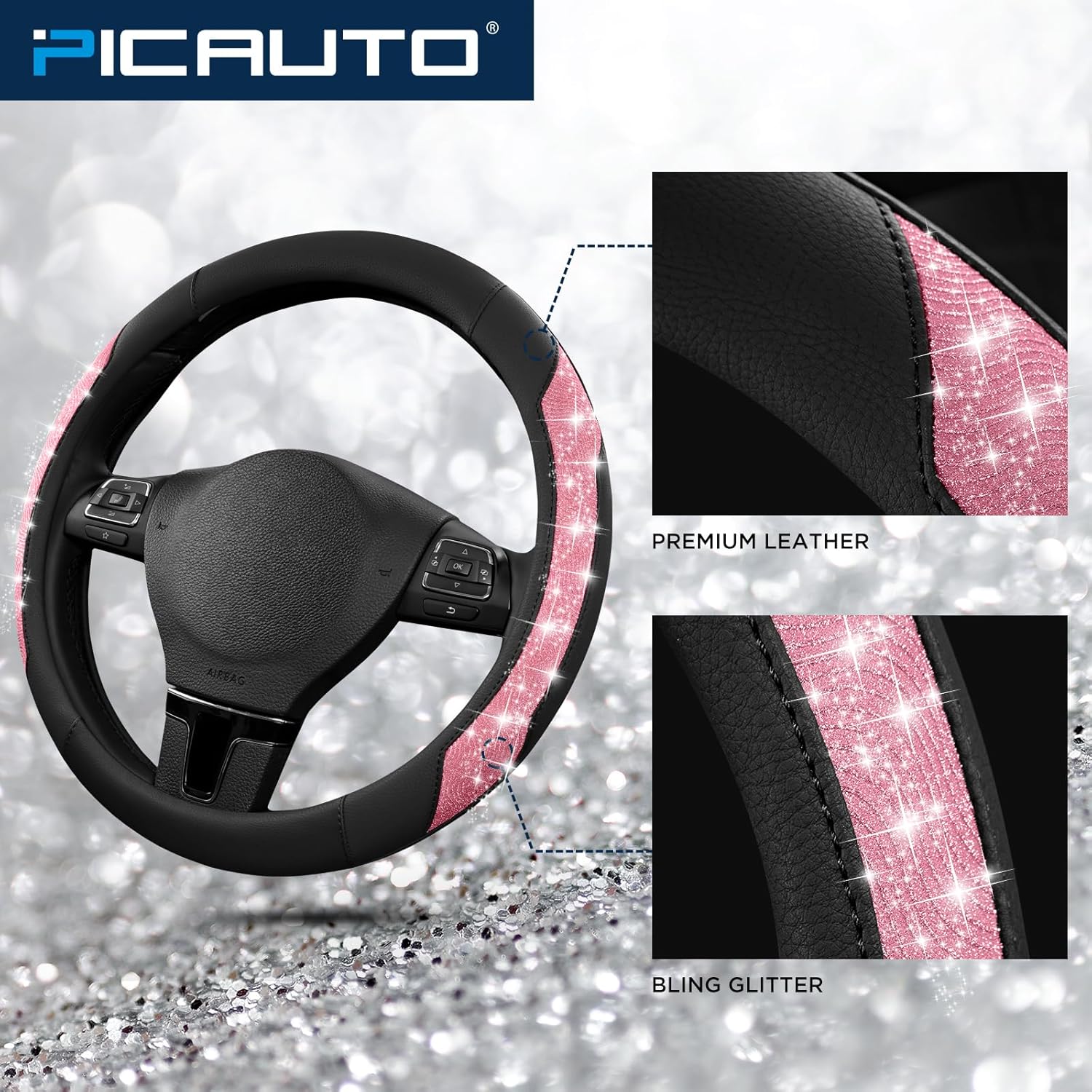 Steering Wheel Cover, Hot Pink Sparkly Crystal Bling Glitter with Leather, Universal Fit 14.5"-15.5" Car Steering Wheels for Girls & Women, Anti-Slip Wheels Cover for Cars, Trucks, Van, SUVs