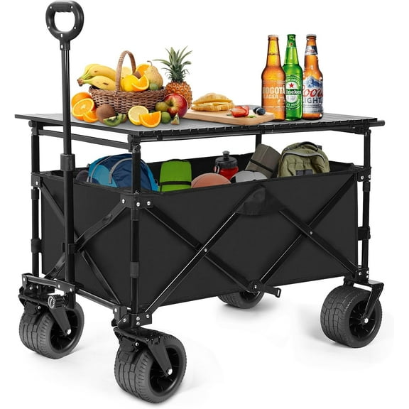 Sedeke Collapsible Wagon with Table, Large Capacity Foldable Wagons Carts, Beach Wagon with Big Wheels, Heavy Duty Beach Car Utility Wagon for Outdoor