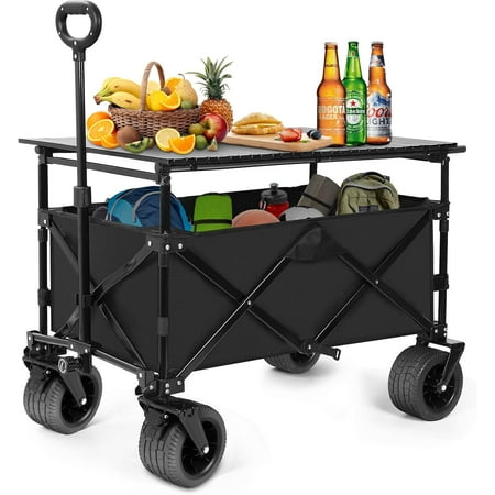Heyday Collapsible Wagon with Table,Portable Heavy Duty Foldable Utility Wagon with Big Wheels for for Camping, Picnics, Beach Trips