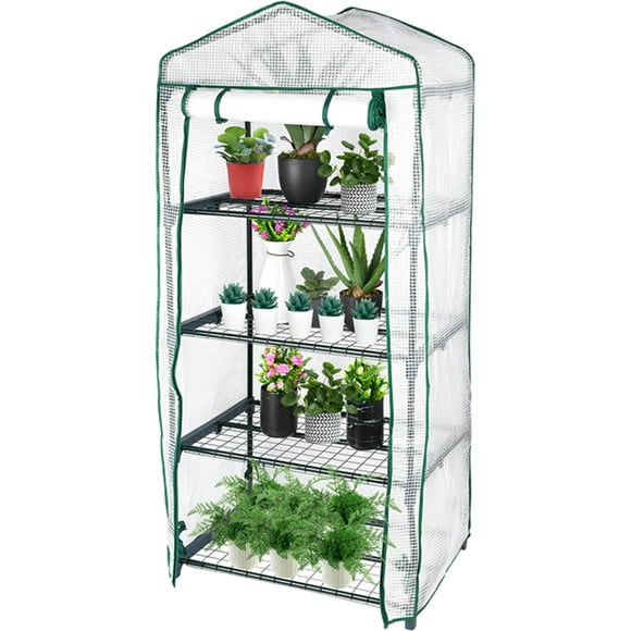 4 Tier Portable Greenhouse, Warm Winter House Plant Shed with Cover and Roll-up Zipped Door, 27"L x 19"W x 63"H, White