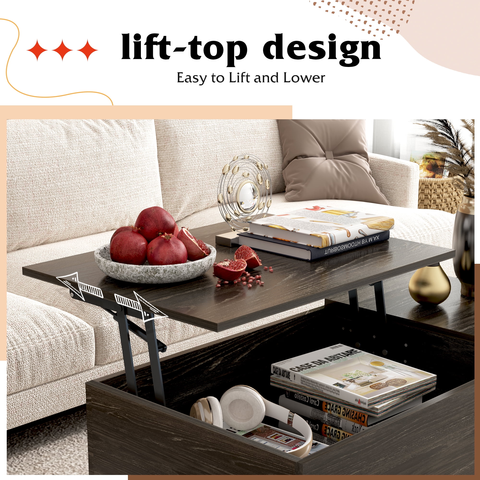 GALAXHERO Coffee Table for Living Room with Hidden Compartments and Removable Storage Shelves Lift Top Table Charcoal Black