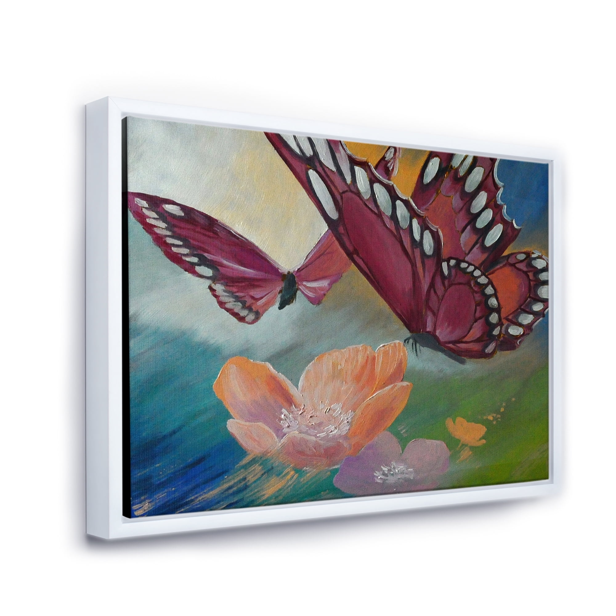 Designart 'Butterflies On Pink Flowers' Traditional Framed Canvas Wall Art Print