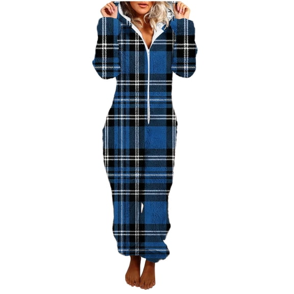 Edvintorg Rompers for Women Fall Winter Loungewear Plaid Long Sleeve Zip up Fleece Casual Jumpsuit with Pant One Piece Outfits for Women S-2XL Blue