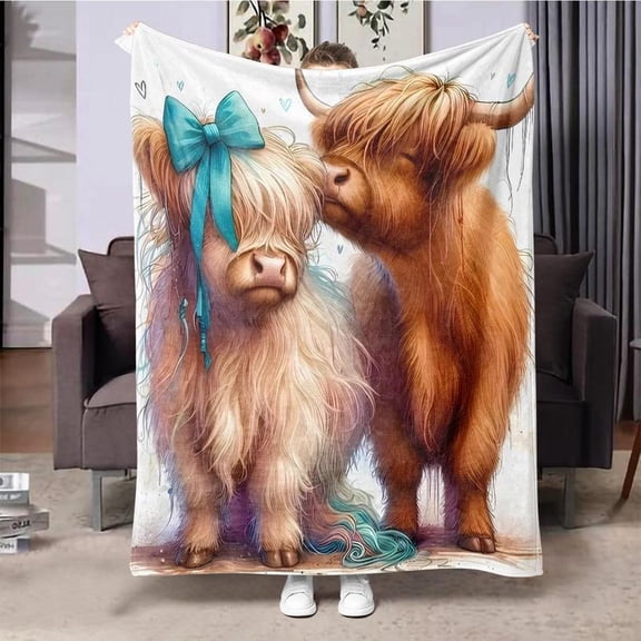 [60x50inch] Couple Highland Cow Pattern Blanket, Soft Warm Throw Blanket, Comfy Bedding Blankets, Air-conditioned Room Blanket, Nap Blanket for Home Office Travel