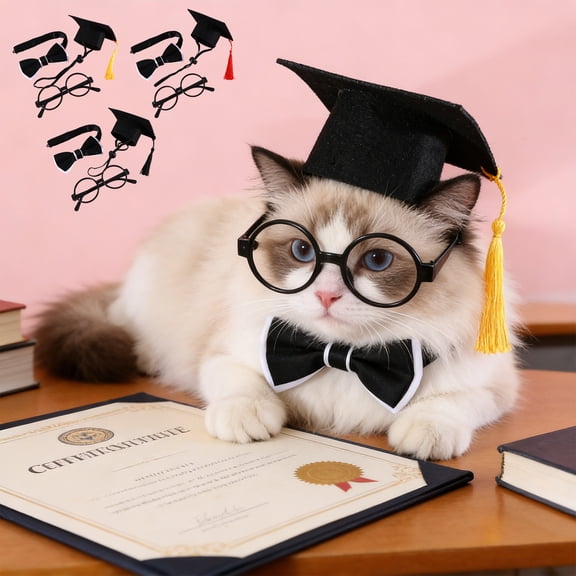AYktou Pet Dog Graduation Caps Set with Bow Ties Bandana, Cute Cats Graduation Hats Tassel Caps with Elastic Strap, Dog & Cats Graduation Bandana Caps Party Accessory, Cap