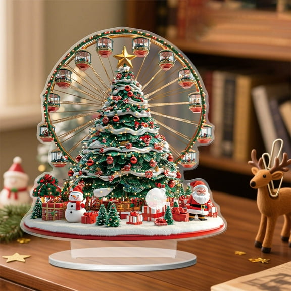 Taicans Acrylic Christmas Castle Park Desktop Decor with Rotating Ferris Wheel & Snow Globe - Santa Sleigh,Snowman,Trees,Holiday Gift for Home office,Christmas Ornaments,Festive Decor