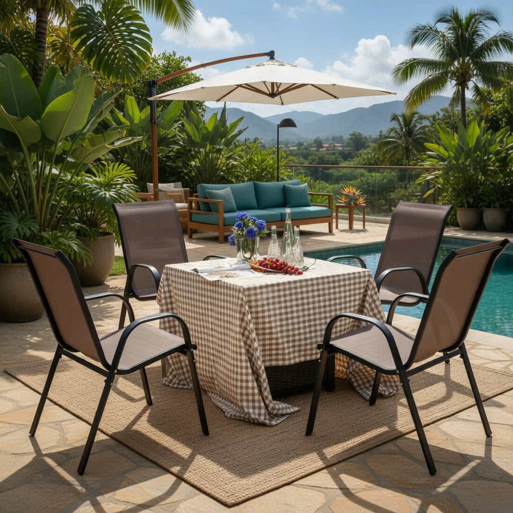 Hommoo 2-Pack Stackable Outdoor Dining Chairs with Ergonomic Armrests, Fabric & Grey Steel Frame,Space-Saving Patio Seating, Brown