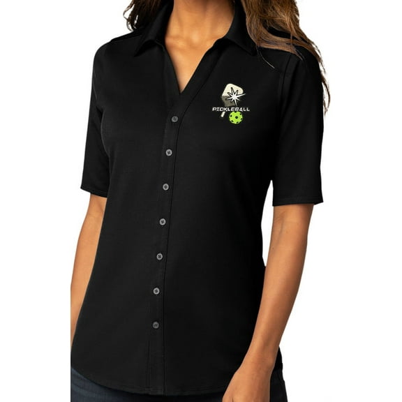 Womens Pickleball Patch Button-Down Stretch Shirt, Large Black