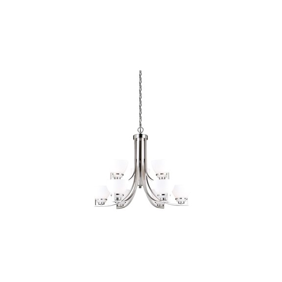 9-Light Chandelier - Satin Nickel Finish, Etched Glass - Adjustable Height, Dimmable - Dining Room, Kitchen, Foyer