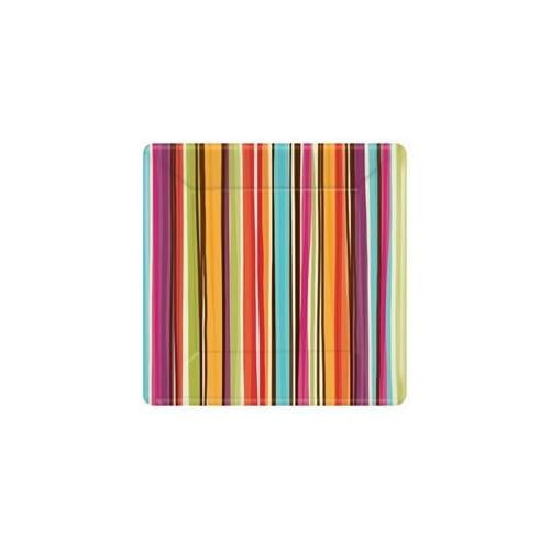 Amscan Disposable Square Dinner Plates in Stylish Stripes Print (8 Pack), 10 x 10", Orange/Light Blue/Hot Pink/Violet/Brown/Avocado Green