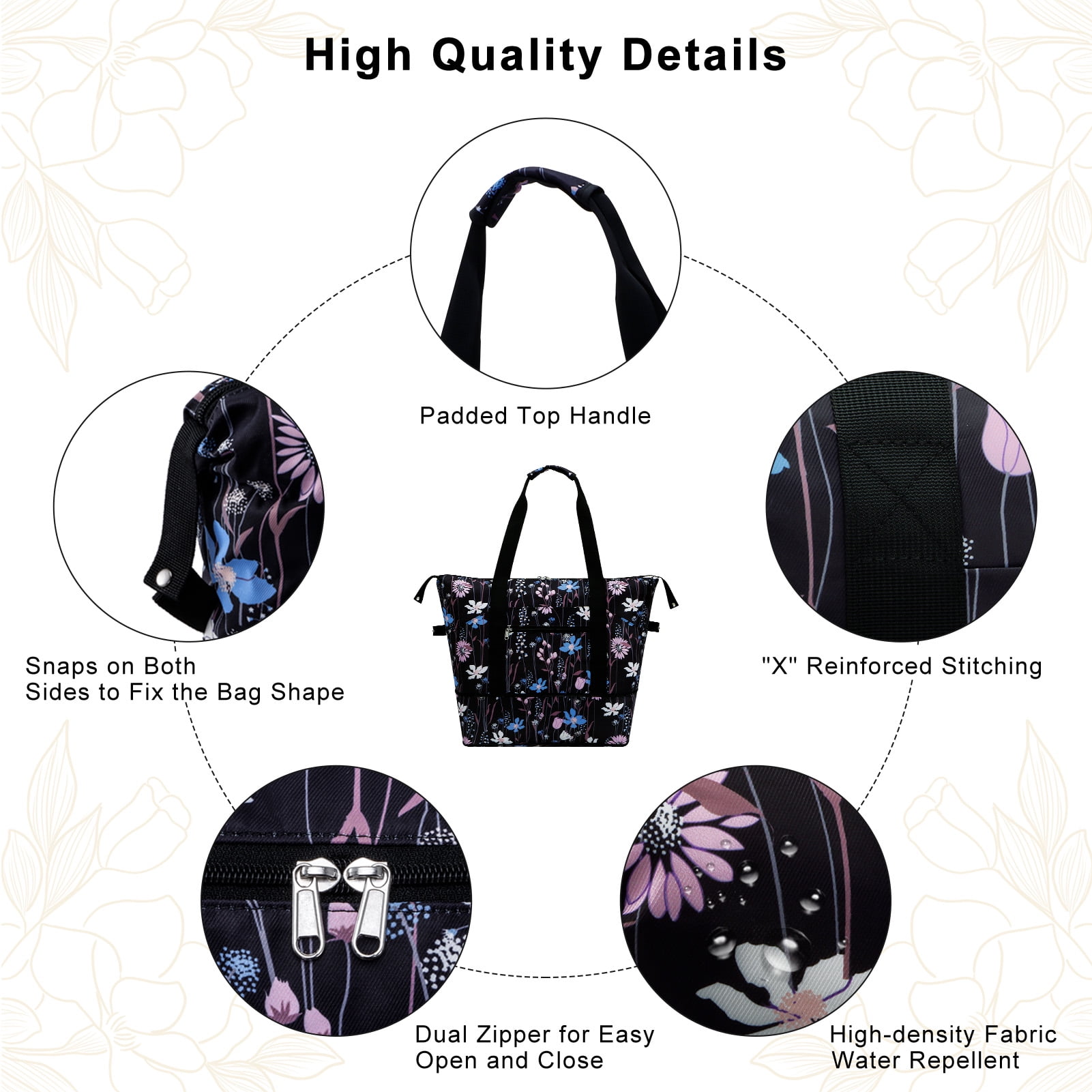 HAWEE Expandable Duffel Bag for Women with Trolley Sleeve and Wet Pocket Water Repellent Weekender Travel Tote Large Capacity Carry On Overnight Luggage for Gym/ Trip/ Camping/ Beach, Dreamy Flower