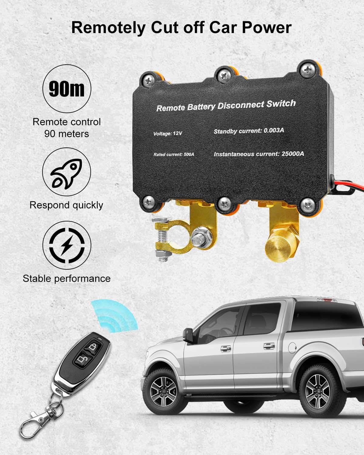 12V 500A Remote Battery Disconnect Switch, Battery Kill Switch for Car Kill Switch Anti Theft, Automatic Shut/Cut Off Switch for DC 12V Car Boat Truck RV ATV Vehicle