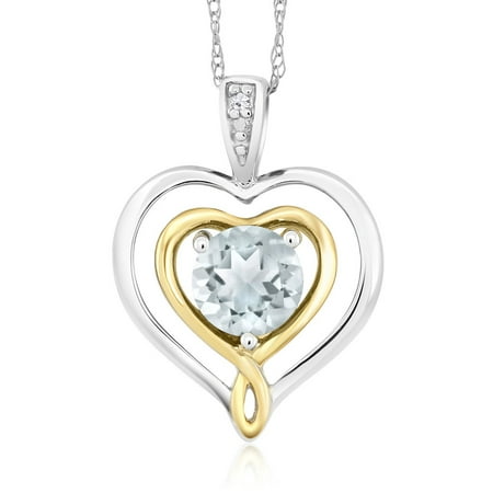 - 10K Two-Tone Gold Diamond Accent Double Heart Shape Pendant Aquamarine 0.40 Ct