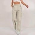 thumbnail image 2 of Lenpel Cargo Pants for Women Elastic High Waisted Pull on Straight Leg Casual Pants Loose Streetwear Trousers with Pockets(Beige,X-Large), 2 of 7