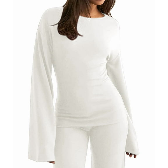 Women'S Round Neck Flare Sleeve Top and Straight Leg Pants Two Piece Set Casual Loungewear Sporty White S