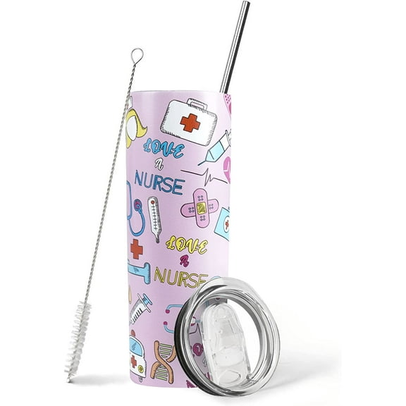 Nurse Stainless Skinny Tumbler with Straw & Lid - Double Wall Insulated Coffee Mug, Pink Gift for Nurses (Birthday/Graduation)