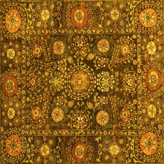 Ahgly Company Machine Washable Indoor Square Oriental Yellow Traditional Area Rugs, 6' Square