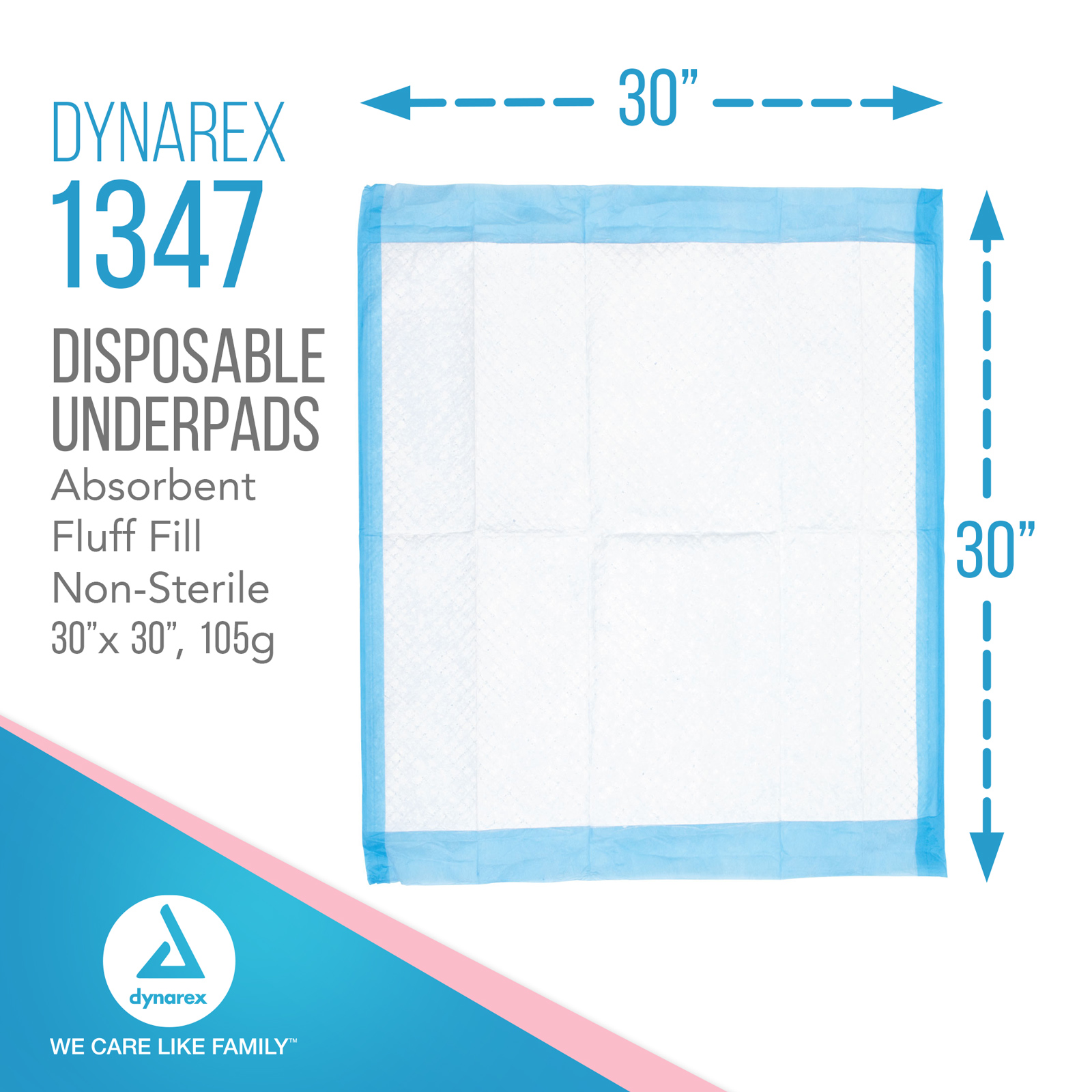 Dynarex Disposable Underpads, Medical-Grade Incontinence Bed Pads to Protect Furniture, 30”x30” (105g), with Polymer, 1 Case of 100 Pads (50 per Box), White