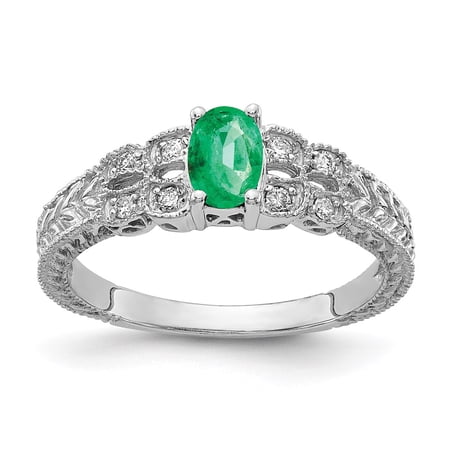 14k White Gold Ring Gemstone Womens Emerald 0.088 ct 0.42 6x4mm Oval AA Diamond