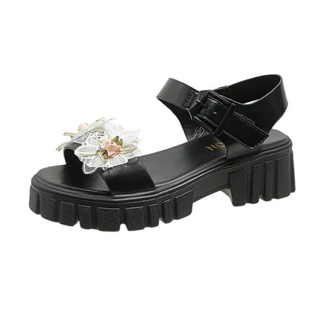 

ZIZOCWA Roman Sandals Female 2023 Summer Korean Pu Leather Thick Bottom Flower Flat Sandals Elegant Buckle Non-Slip Beach Slippers Black Size7