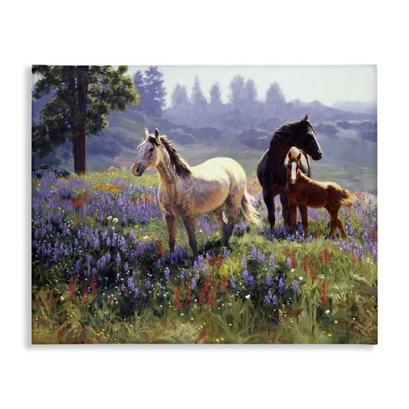 Stupell Industries Horse Family in Charming Meadow Landscape & Nature Painting Wrapped Canvas Canvas Art Print Wall Art, 20 x 16